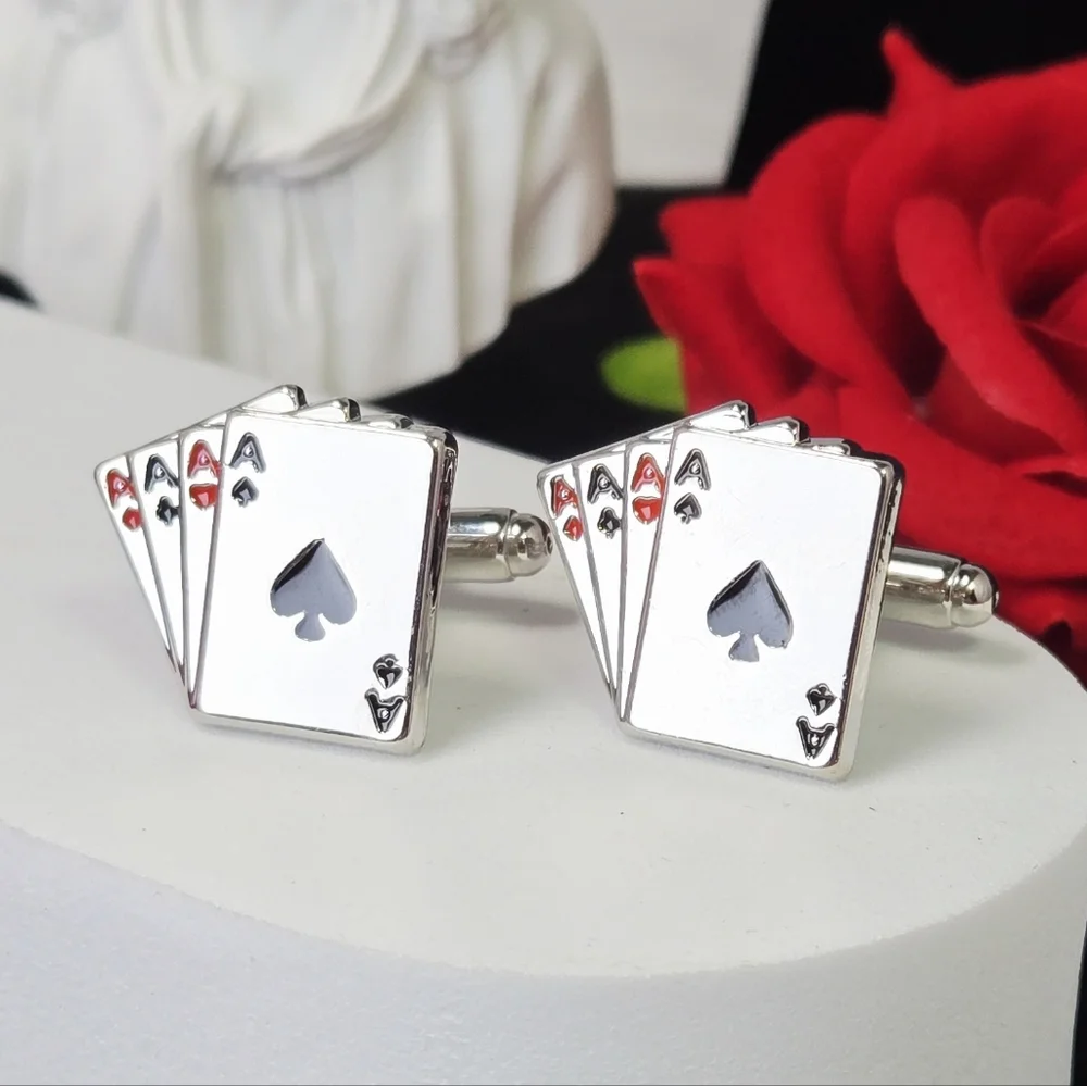 Four Aces Playing Card Cufflinks Poker Casino Spade Suit Formal Shirt Accessory